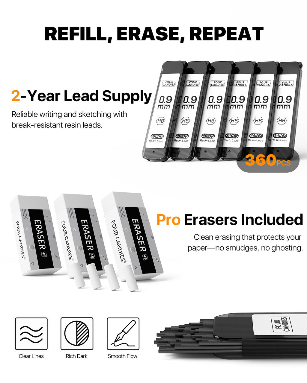 FourCandies Metal Mechanical Pencil Set - 6PCS 0.9mm Art Mechanical Pencils & 360PCS HB Lead Refills & 3PCS Erasers & 9PCS Eraser Refills, Drawing Mechanical Pencils for Writing, Sketching - With Case