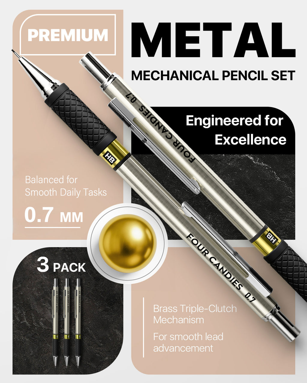 Four Candies Metal Mechanical Pencil Set - 6PCS 0.7mm Art Mechanical Pencils & 360PCS HB Lead Refills & 3PCS Erasers & 9PCS Eraser Refills, Drawing Mechanical Pencils for Writing, Sketching/With Case