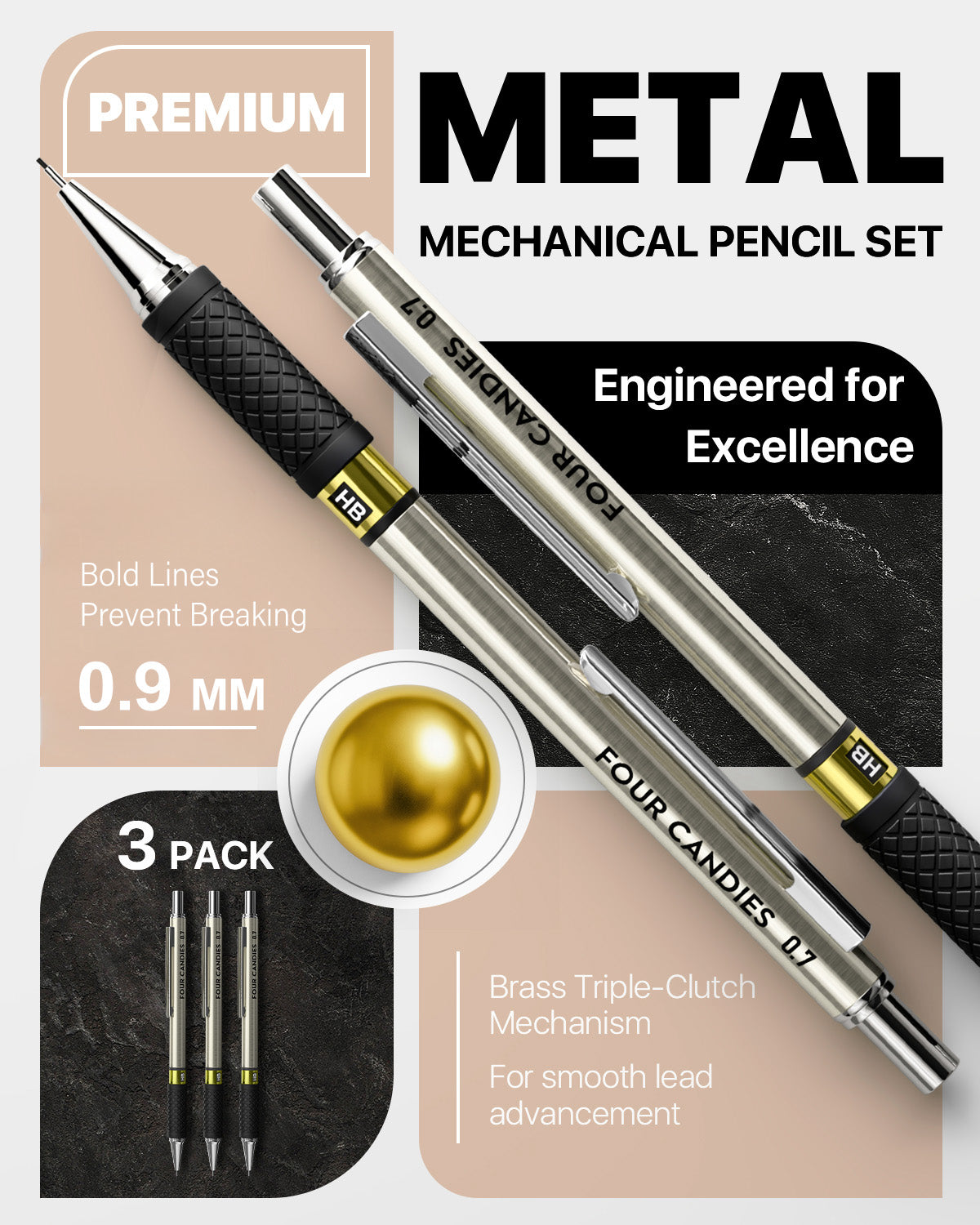FourCandies Metal Mechanical Pencil Set - 6PCS 0.9mm Art Mechanical Pencils & 360PCS HB Lead Refills & 3PCS Erasers & 9PCS Eraser Refills, Drawing Mechanical Pencils for Writing, Sketching - With Case