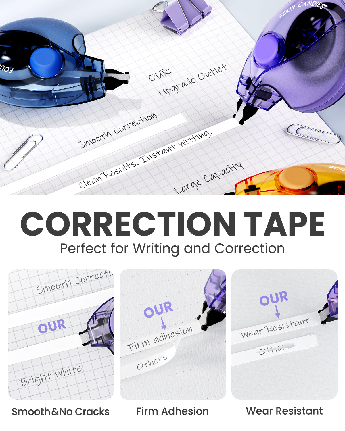 Four Candies Silent Correction Tape, White Correction Tape 6 Pack, 26.2ft, Ergonomic Easy-to-Use Applicator, Fast Clean Instant Corrections, Smooth High-Opacity Tear-Resistant Office Supplies