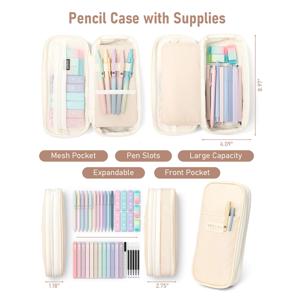 Four Candies 39 PCS Cute Supplies with Pen Case- 5 Black Ink Gel Pens, 12 Pastel Highlighters, 6 Aesthetic Mechanical Pencils Set for Stationary College Essentials (Cream)