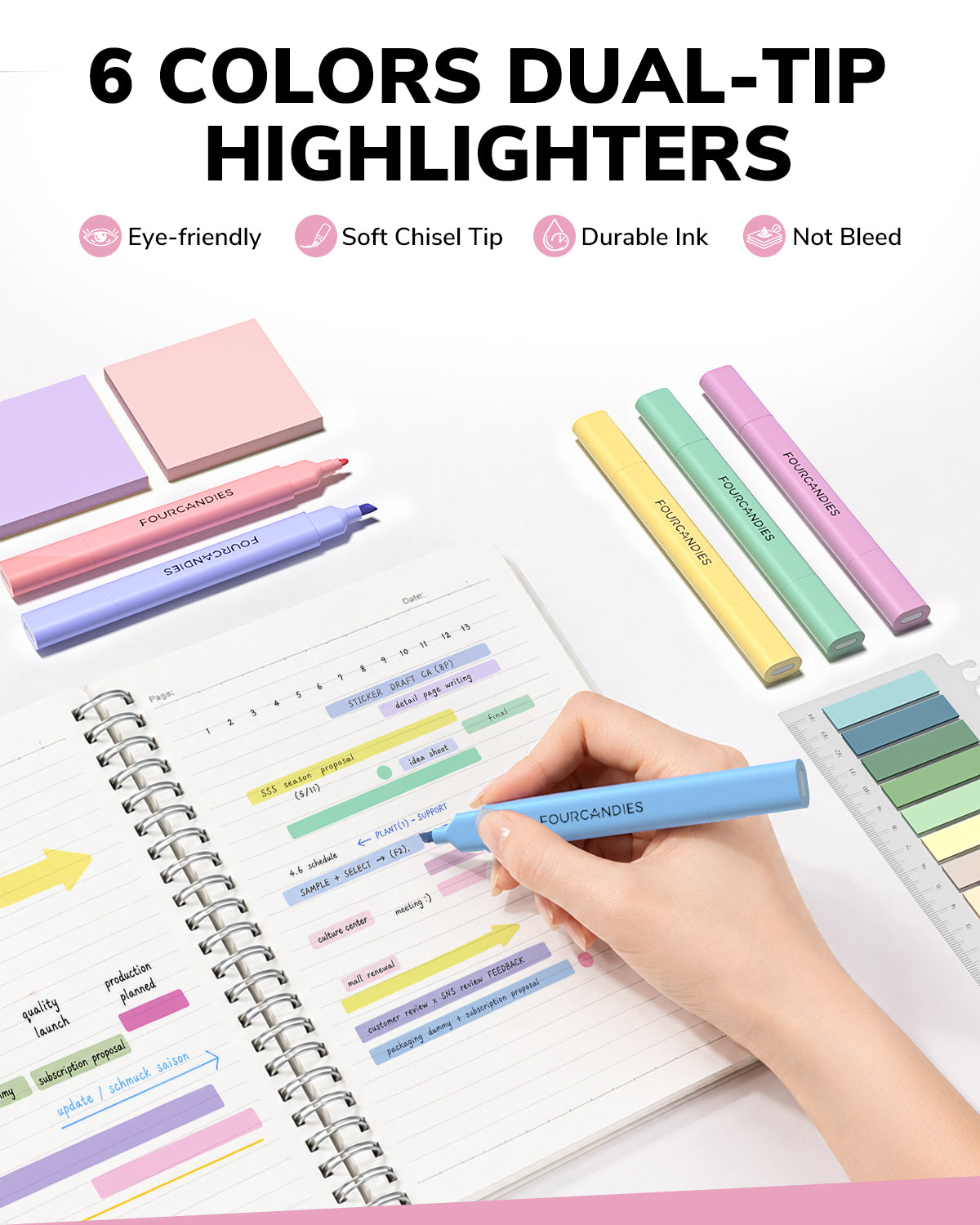 Four Candies 56PCS Stationery Set with 3 Spiral Notebooks,School Supplies College Supplies,Pink Pencil Case,10Gel Pens, Mechanical Pencils,6Highlighters,5Sticky Notes&10Tabs for Students,Grils,Nurse