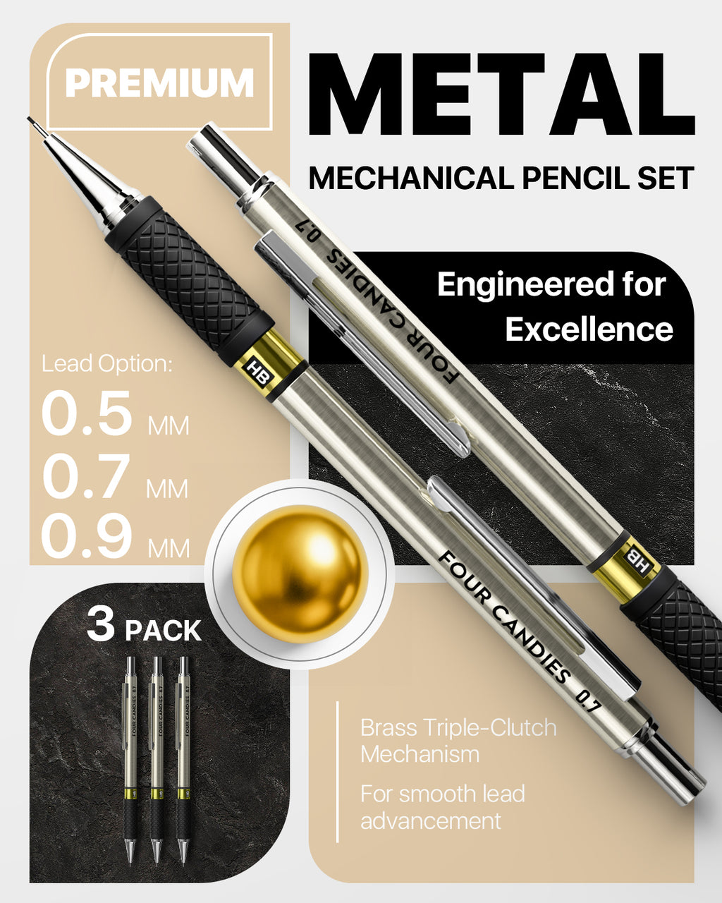 3PCS Metal Mechanical Pencil Set with Case, 0.5/0.7/0.9mm, Three Sizes