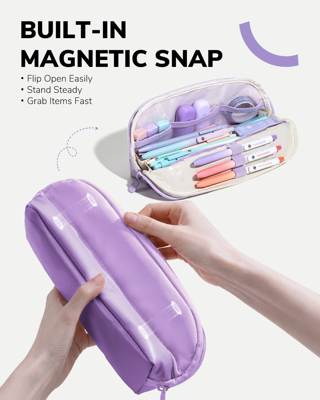 Four Candies Cute Pencil Case, Magnetic Design Large Pencil Pouch Purple