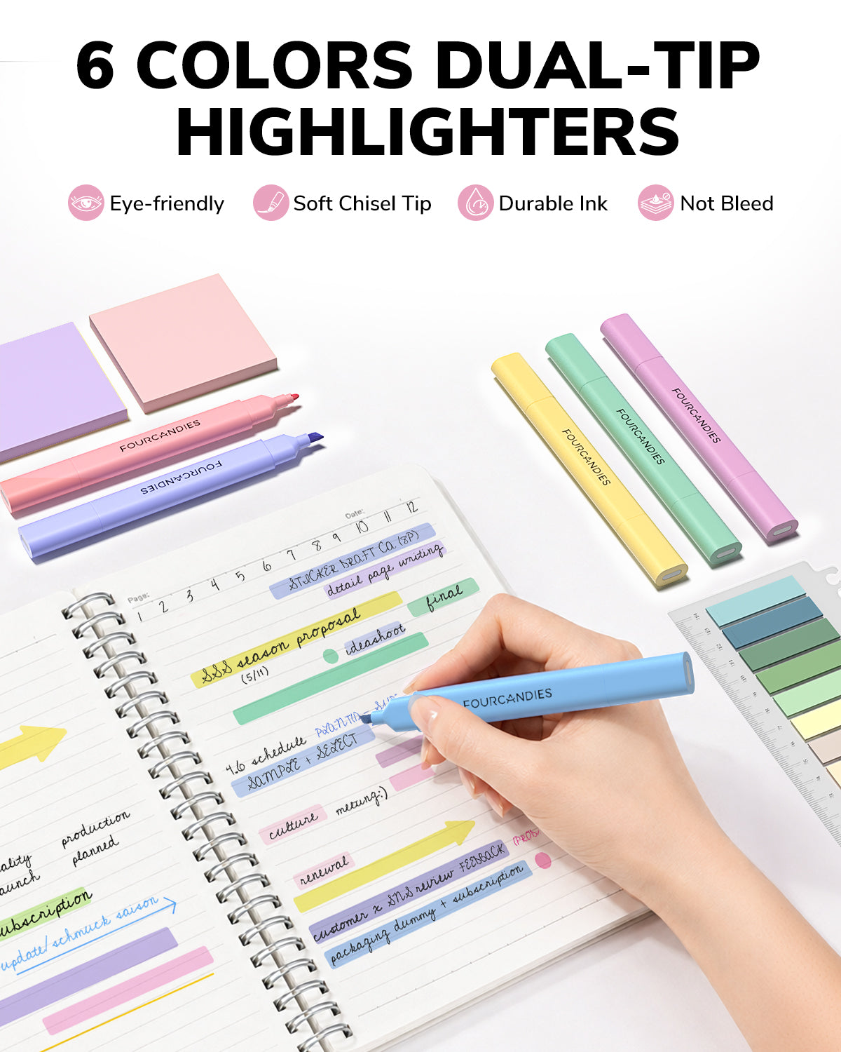 Four Candies Stationery Set Supplies with Cute Pencil Case,56ct Pink 10 Gel Pens,6Dual-Highlighters,3Spiral Notebooks, Mechanical Pencils Set,5 Sticky Notes &10Tabs Essential