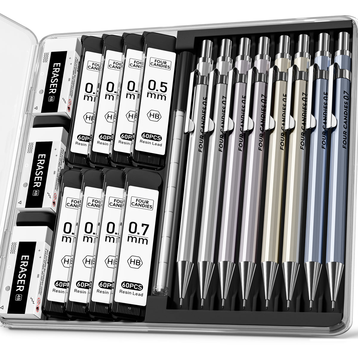 Four Candies 8PCS Metal Mechanical Pencils - 0.5 & 0.7mm
