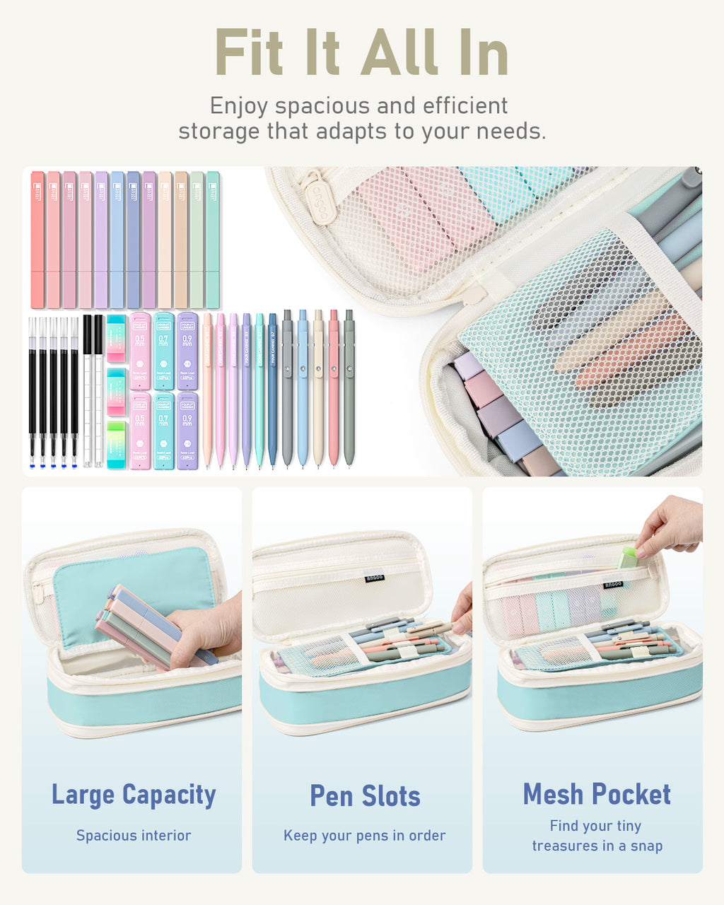 Four Candies 39 PCS Aesthetic Supplies, 12 Pastel Highlighters, 5 Black Ink Gel Pens, 6 Mechanical Pencils Set 0.5 & 0.7mm for Stationary College Essentials (Blue)