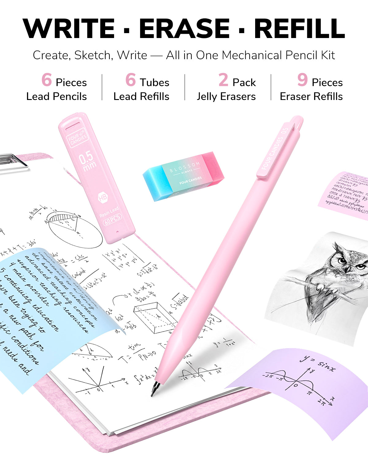 Four Candies Stationery Set Supplies with Cute Pencil Case,56ct Pink 10 Gel Pens,6Dual-Highlighters,3Spiral Notebooks, Mechanical Pencils Set,5 Sticky Notes &10Tabs Essential