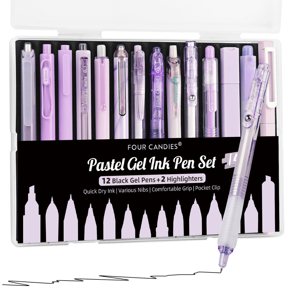 Four Candies Pastel Gel Pen, Fine, 0.5 mm, 12 Black Ink Pens with 2 Pcs Highlighter, 14 Pack