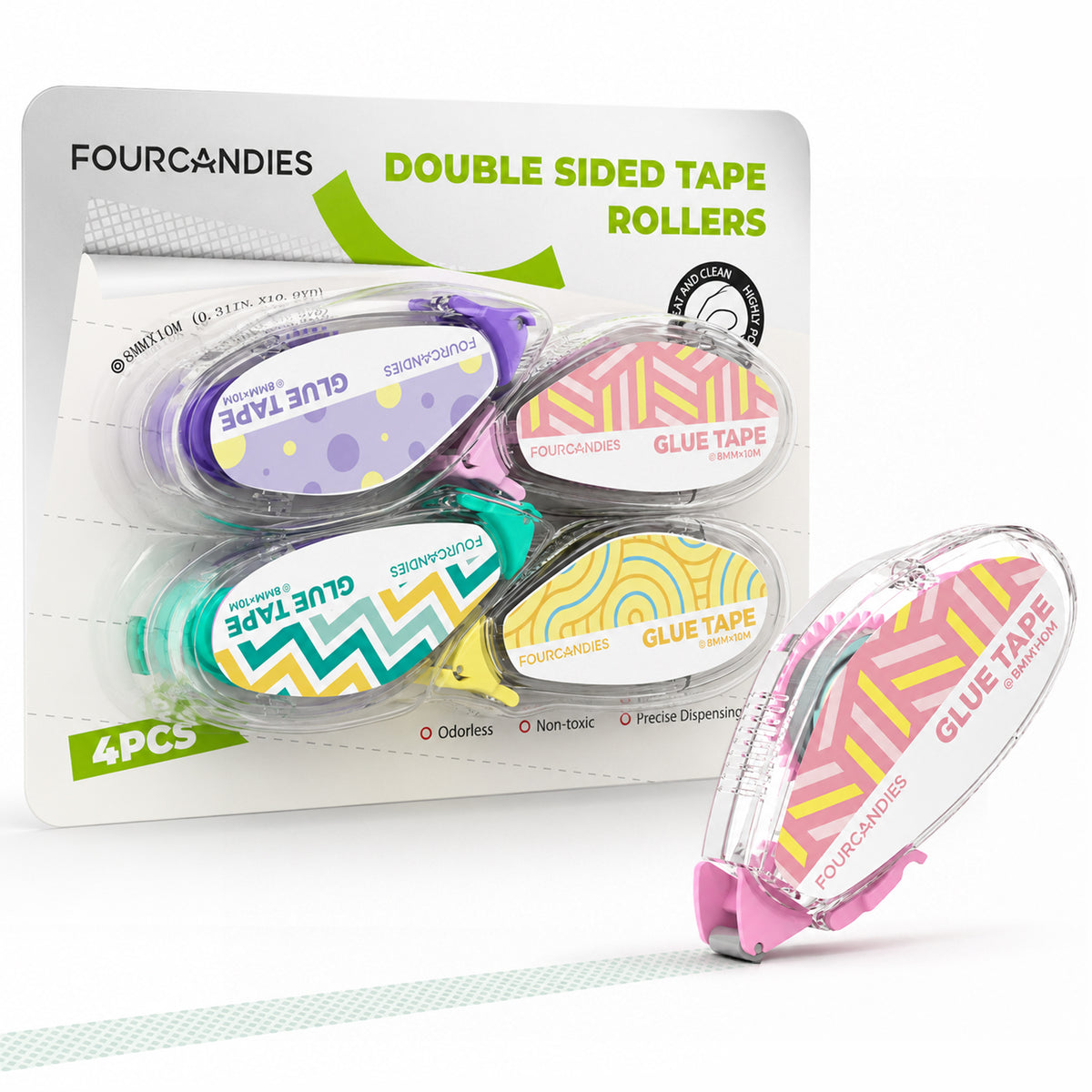 Four Candies Glue Tape Roller, Double Sided Tape for Crafts Scrapbooking, 32.8ft x 0.31in Adhesive Tape Runner, Acid-Free Glue Runner for Journaling, Card Making & Gift Wrapping 4 Pack