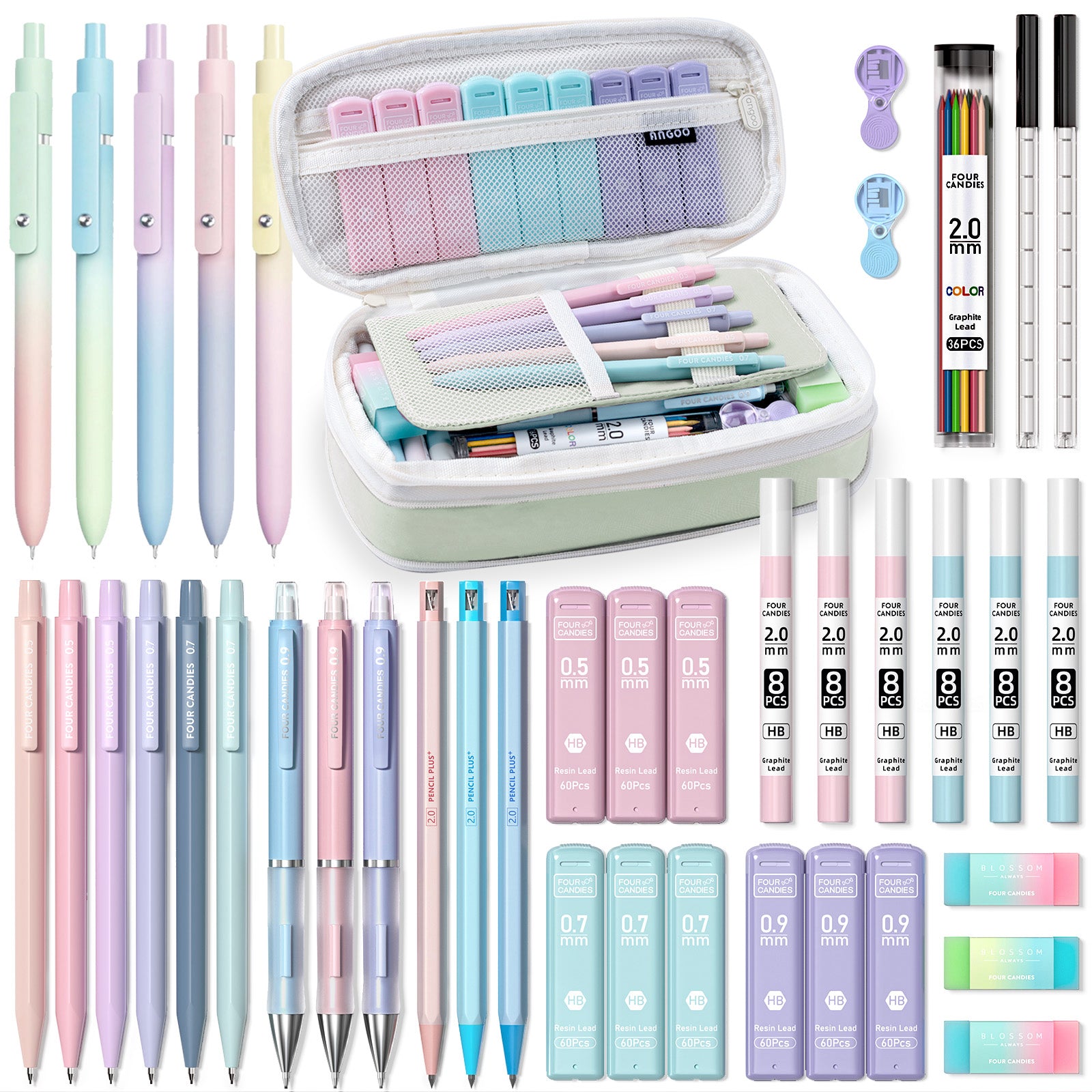 Four Candies 41PCS Aesthetic Supplies With Cute Pen Case, 5 Black Ink Gel Pens, 12 Mechanical Pencils 0.5mm, 0.7mm, 0.9mm & 2.0mm With Lead Refills For College Essentials