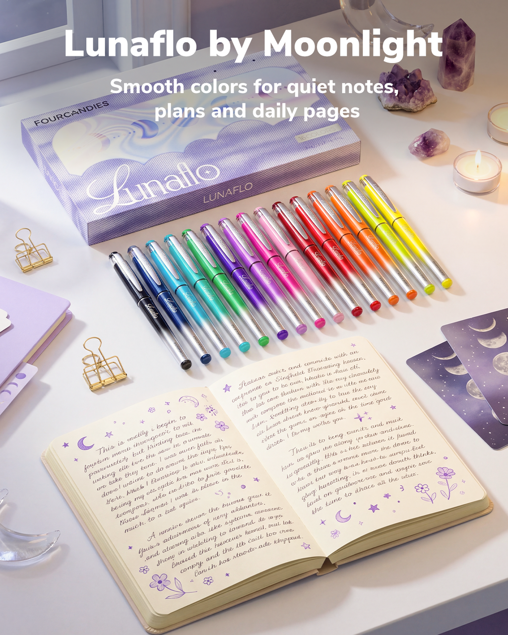 Four Candies Lunaflo Liquid Ink Rollerball Pens 16 Colors, 0.5mm Fine Point
