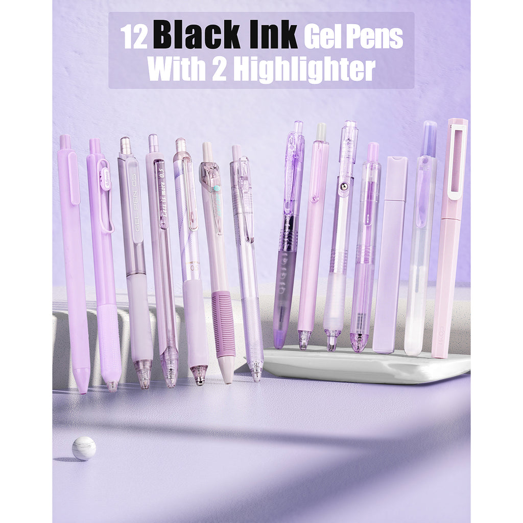 Four Candies Pastel Gel Pen, Fine, 0.5 mm, 12 Black Ink Pens with 2 Pcs Highlighter, 14 Pack