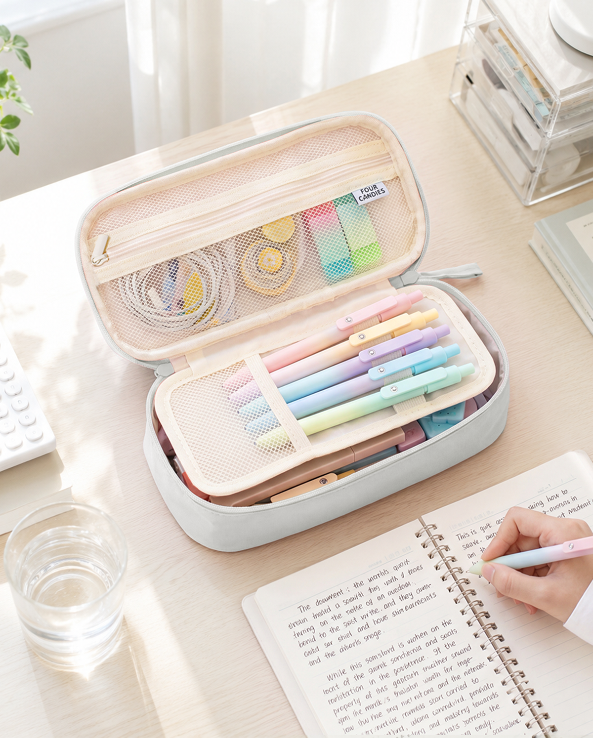 Four Candies Pencil Case, Large Capacity Pencil Pouch—Portable Marker Holder Bag for Home & Office, Soft Supply Organizer (Light Gray)
