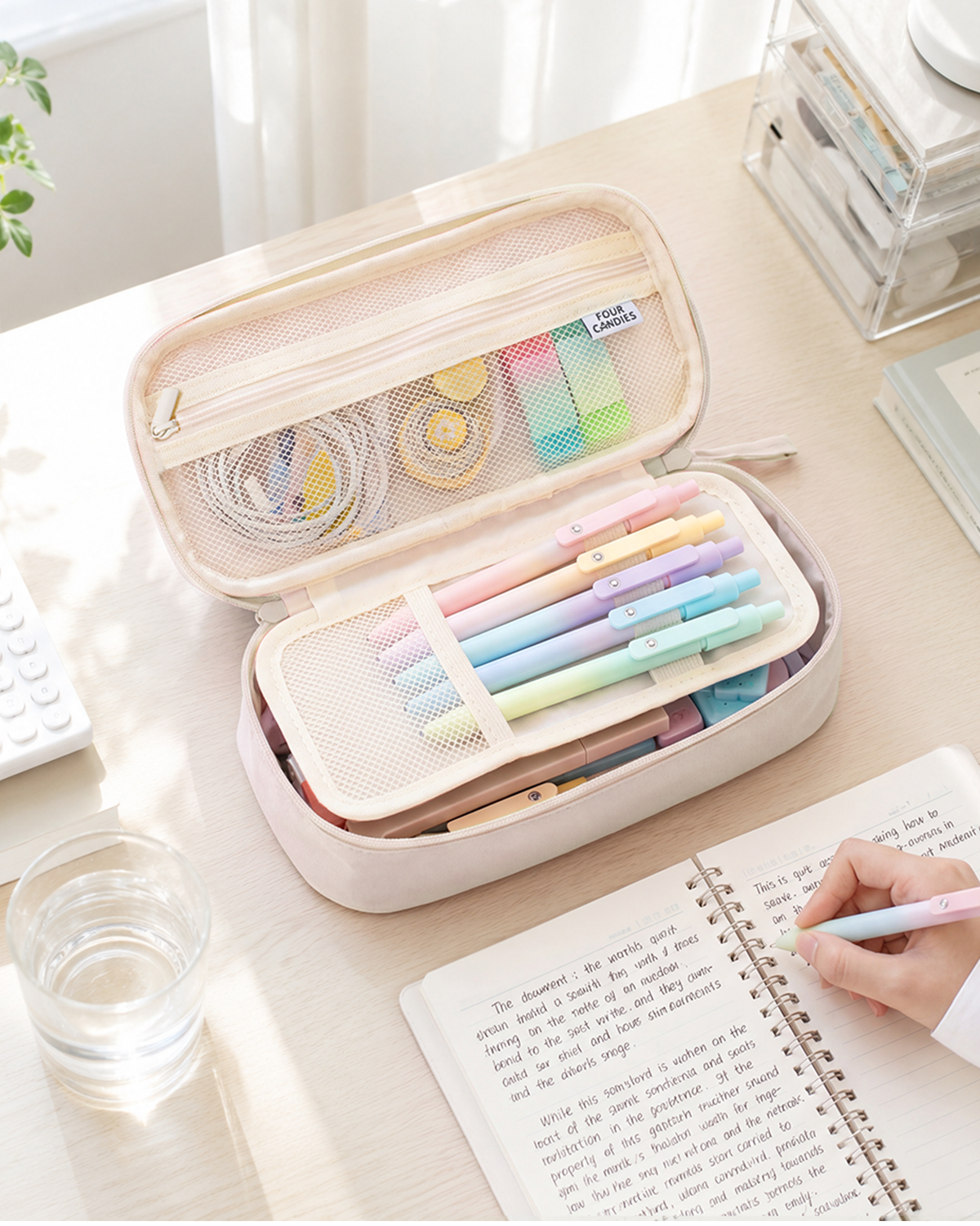 Four Candies Pencil Case, Large Capacity Pencil Pouch—Portable Marker Holder Bag for Home & Office, Soft Supply Organizer (Off-White)