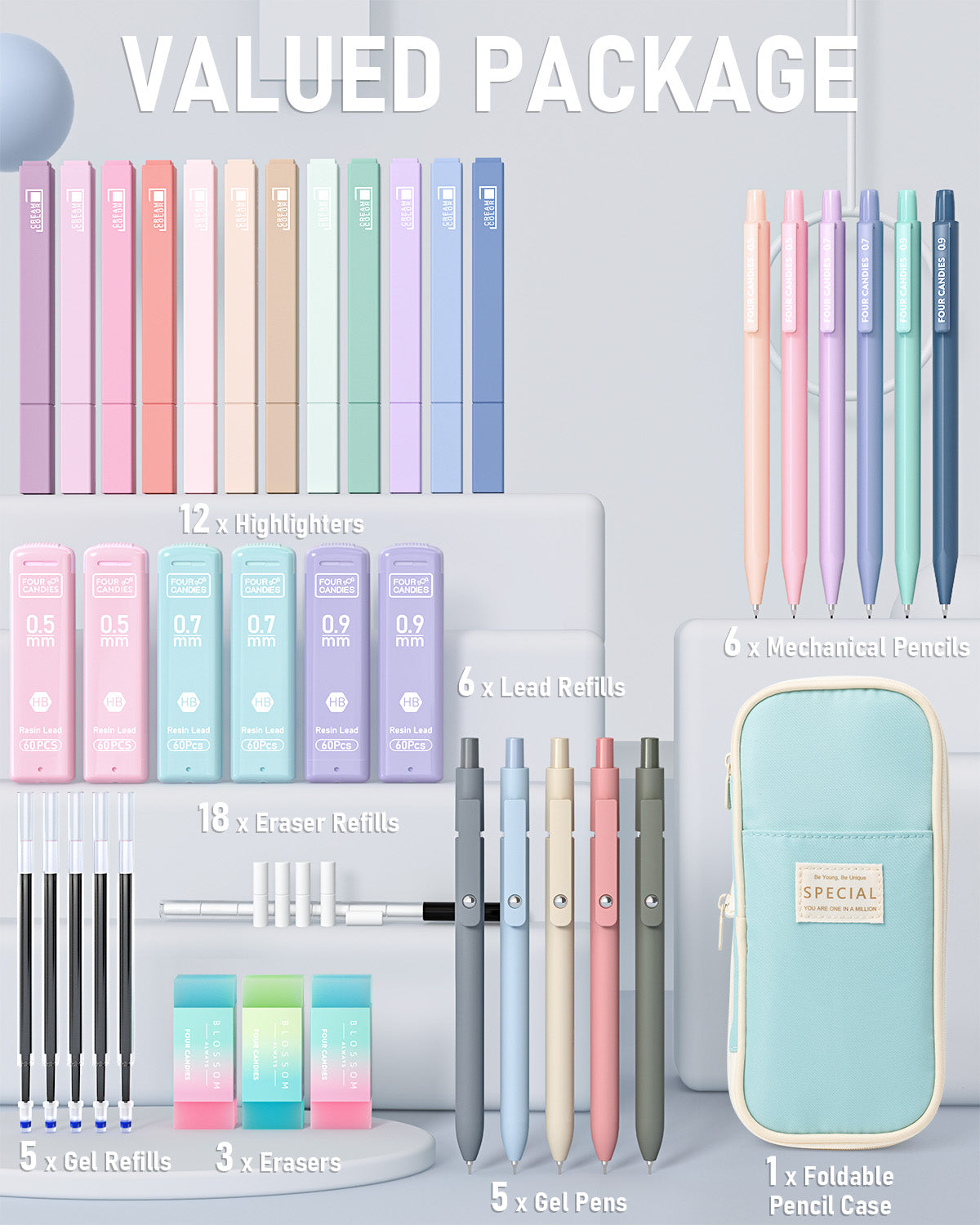 Four Candies 39 PCS Aesthetic Supplies, 12 Pastel Highlighters, 5 Black Ink Gel Pens, 6 Mechanical Pencils Set 0.5 & 0.7mm for Stationary College Essentials (Blue)