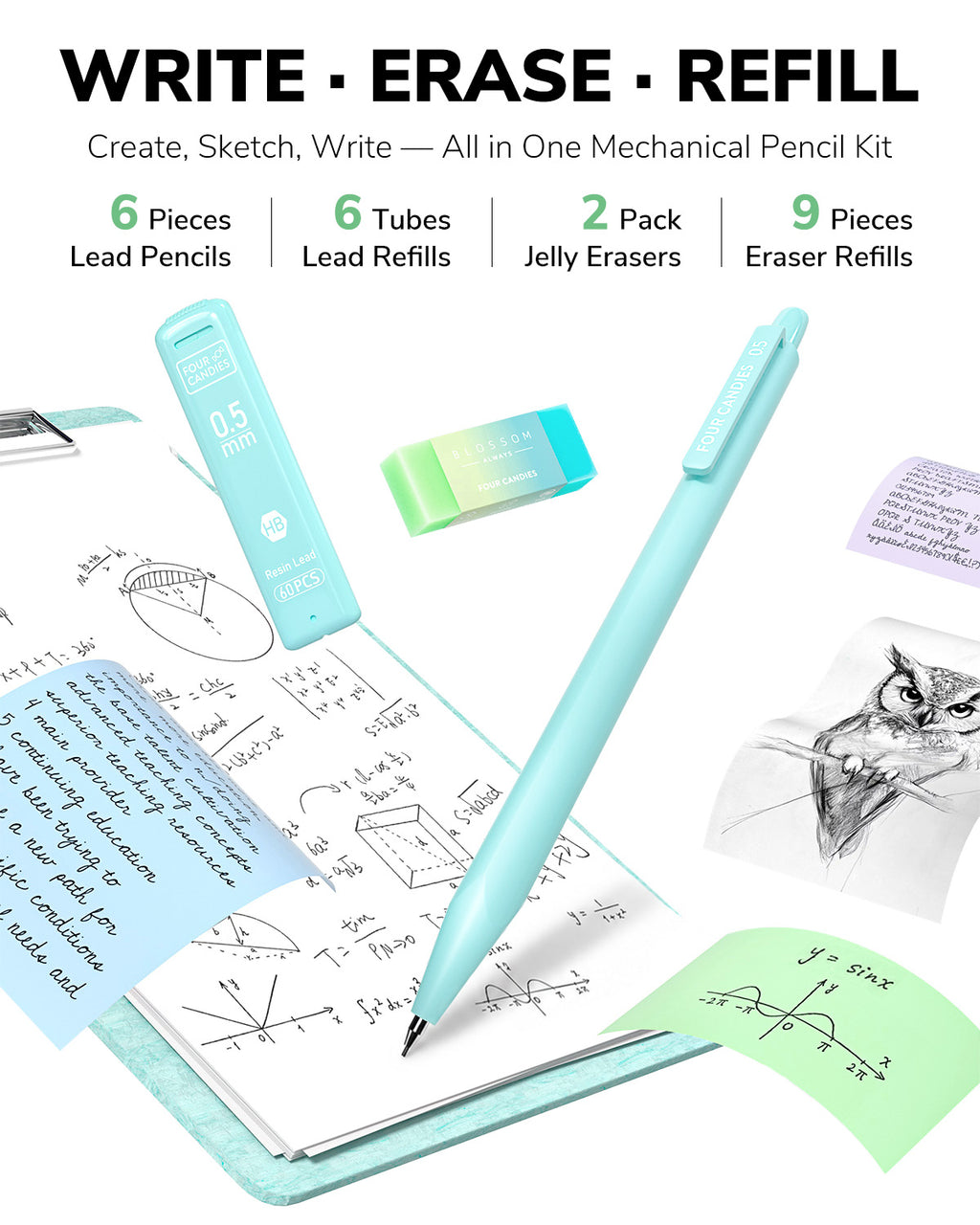 Four Candies Ballpoint Pen, Pencil, Pencil Case, and Notebook Set (Green)