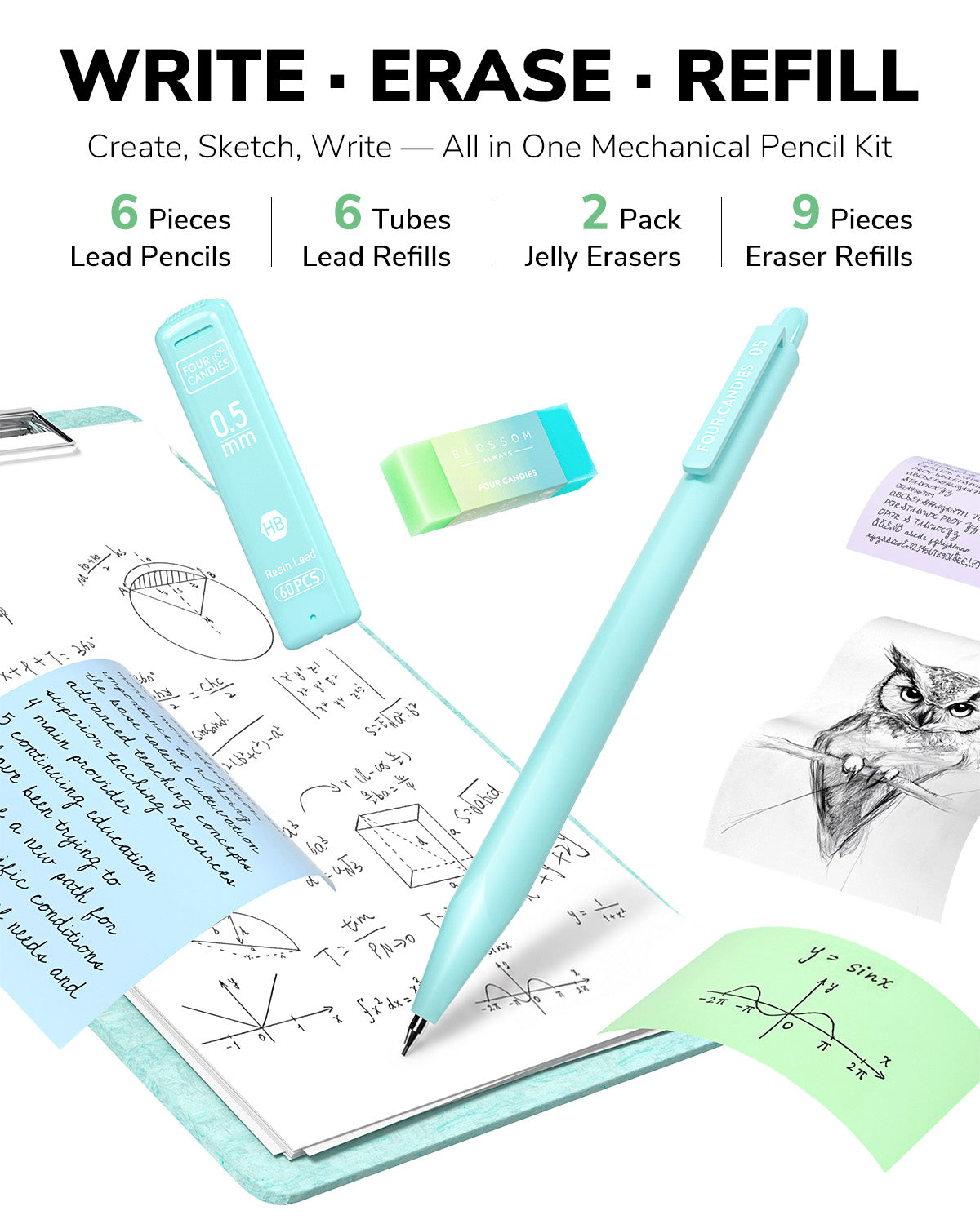 Four Candies Ballpoint Pen, Pencil, Pencil Case, and Notebook Set (Green)