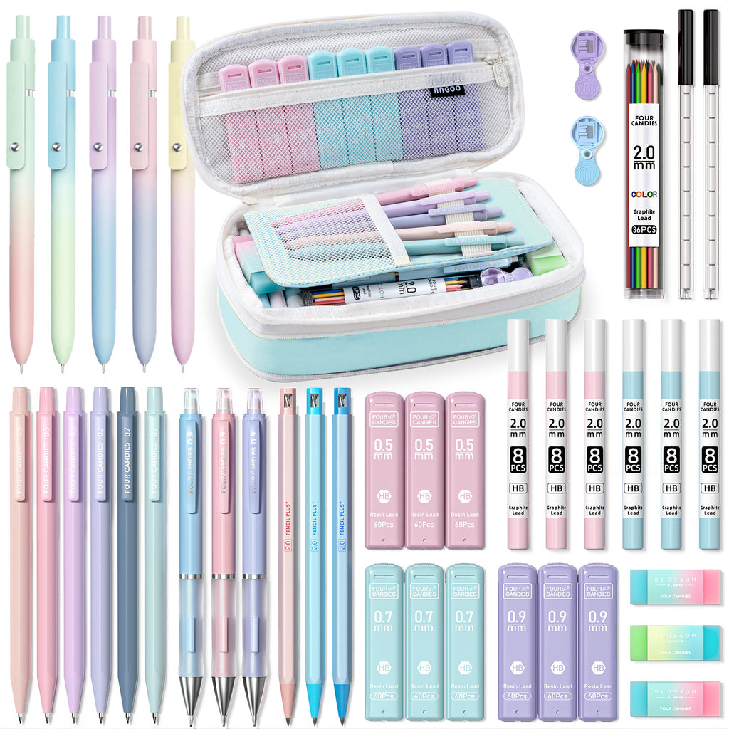 Four Candies 41PCS Aesthetic Supplies With Cute Pen Case, 5 Black Ink Gel Pens, 12 Mechanical Pencils 0.5mm, 0.7mm, 0.9mm & 2.0mm With Lead Refills For College Essentials Blue
