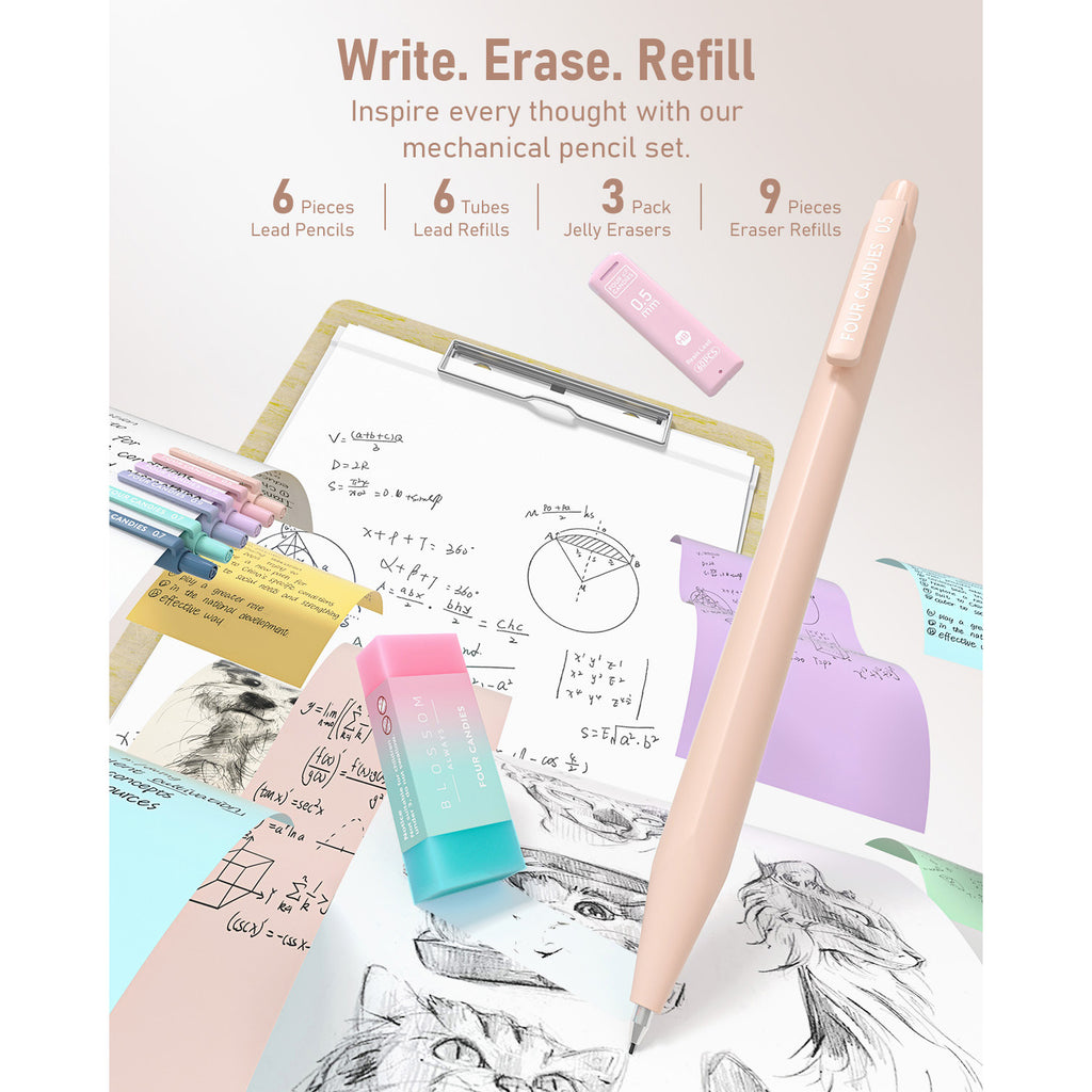 Four Candies 39 PCS Cute Supplies with Pen Case- 5 Black Ink Gel Pens, 12 Pastel Highlighters, 6 Aesthetic Mechanical Pencils Set for Stationary College Essentials (Cream)