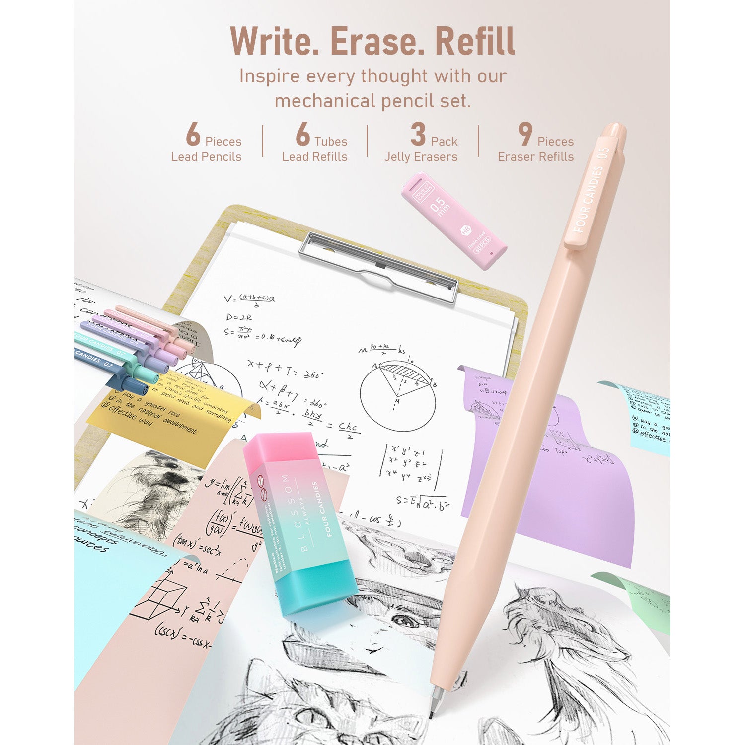 Four Candies 39 PCS Cute Supplies with Pen Case- 5 Black Ink Gel Pens, 12 Pastel Highlighters, 6 Aesthetic Mechanical Pencils Set for Stationary College Essentials (Cream)