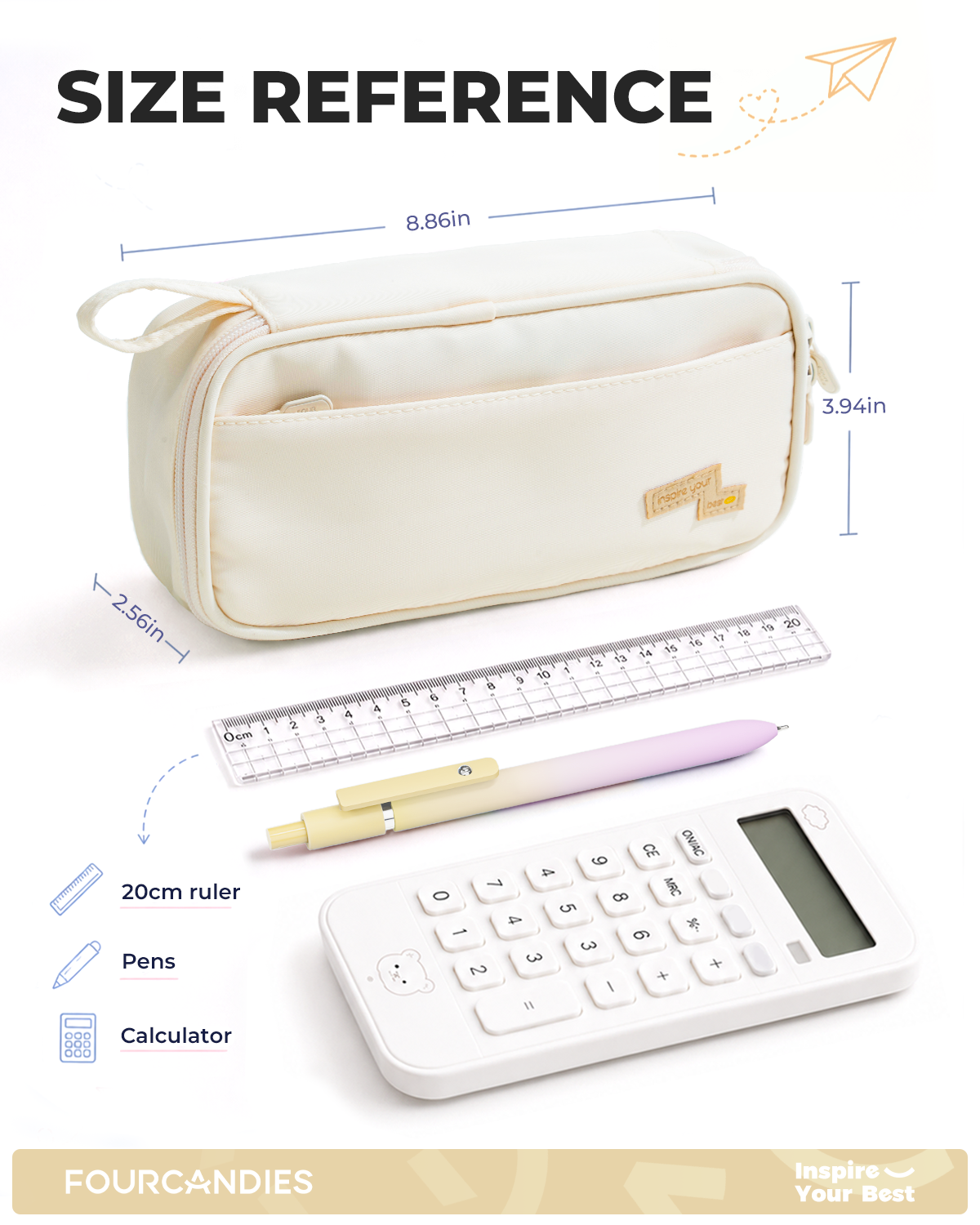 Four Candies Pencil Case, Large Capacity Pencil Pouch—Portable Marker Holder Bag for Home & Office, Soft Supply Organizer (Off-White)