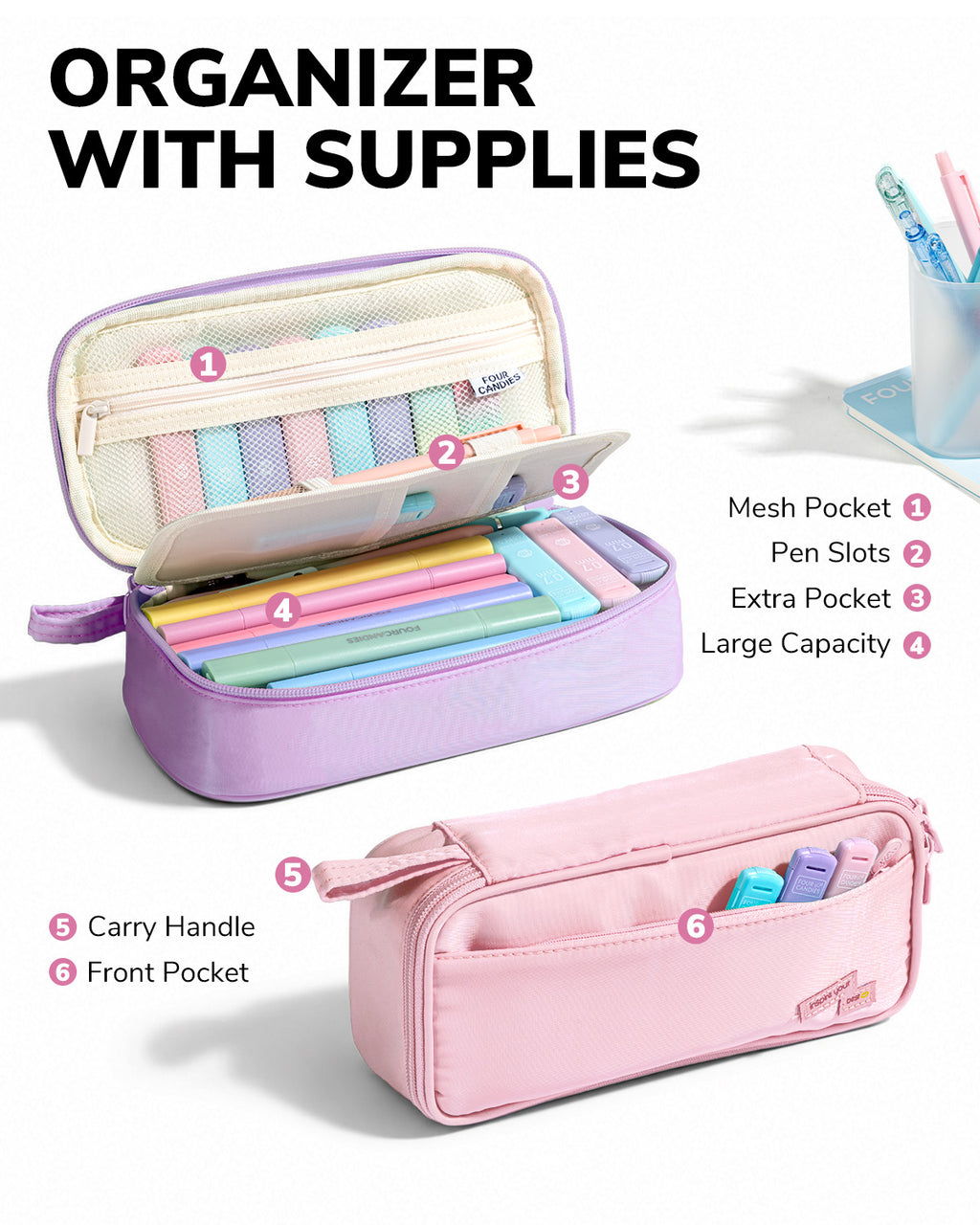 Four Candies Stationery Set Supplies with Cute Pencil Case,56ct Pink 10 Gel Pens,6Dual-Highlighters,3Spiral Notebooks, Mechanical Pencils Set,5 Sticky Notes &10Tabs Essential