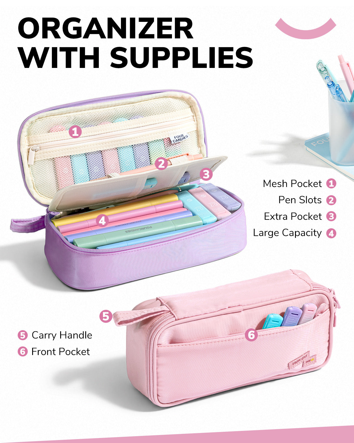 Four Candies 56PCS Stationery Set with 3 Spiral Notebooks,School Supplies College Supplies,Pink Pencil Case,10Gel Pens, Mechanical Pencils,6Highlighters,5Sticky Notes&10Tabs for Students,Grils,Nurse