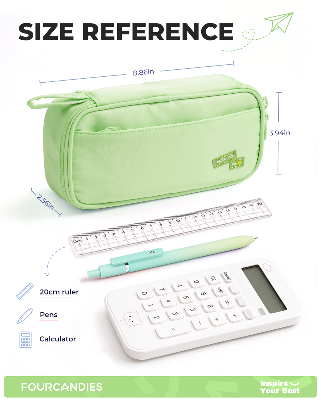 Four Candies Pencil Case, Large Capacity Pencil Pouch—Portable Marker Holder Bag for Home & Office, Soft Supply Organizer (Green)