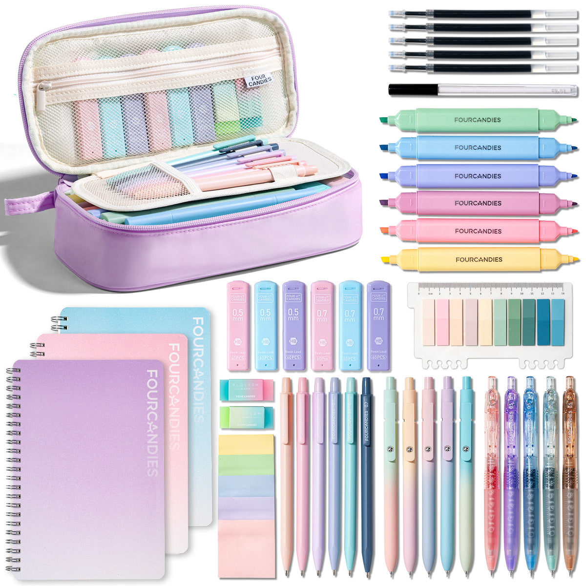 Four Candies Supplies Set with Cute Pencil Case, 56ct, Purple