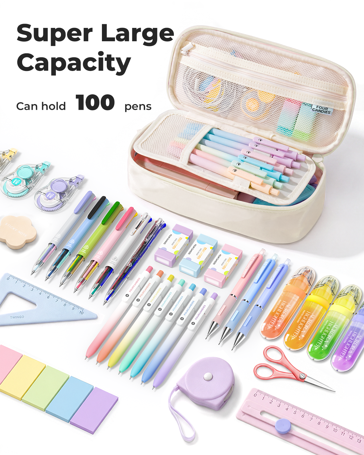 Four Candies Pencil Case, Large Capacity Pencil Pouch—Portable Marker Holder Bag for Home & Office, Soft Supply Organizer (Off-White)