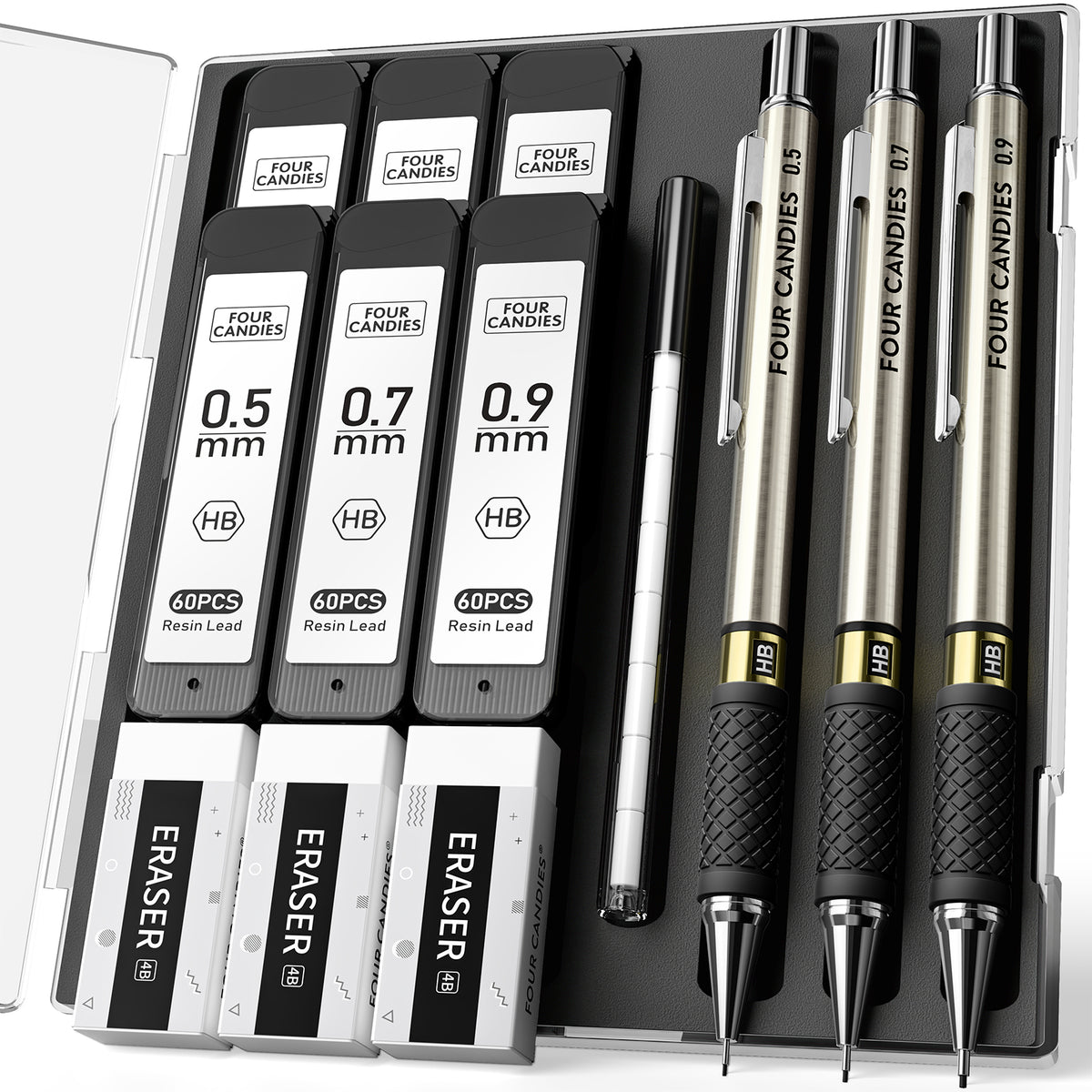 3PCS Metal Mechanical Pencil Set with Case, 0.5/0.7/0.9mm, Three Sizes