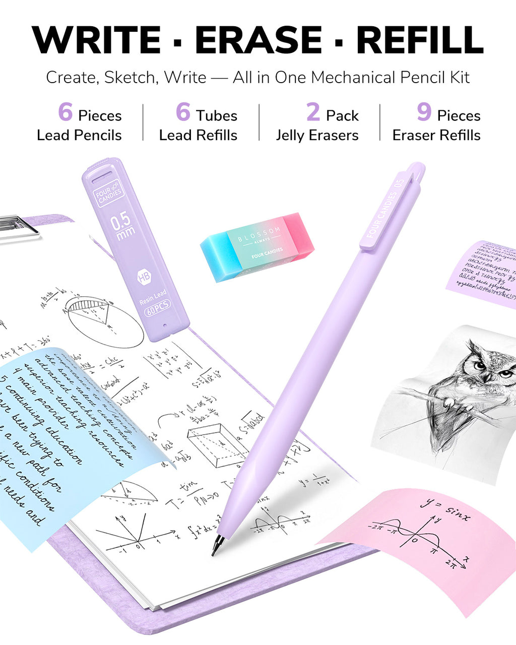 Four Candies Supplies Set with Cute Pencil Case, 56ct, Purple