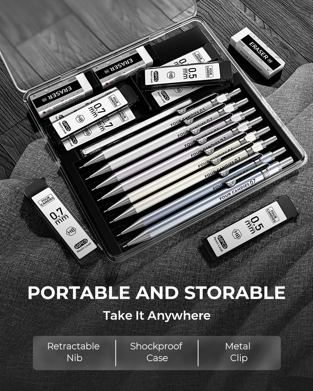 Four Candies 8PCS Metal Mechanical Pencils - 0.5 & 0.7mm