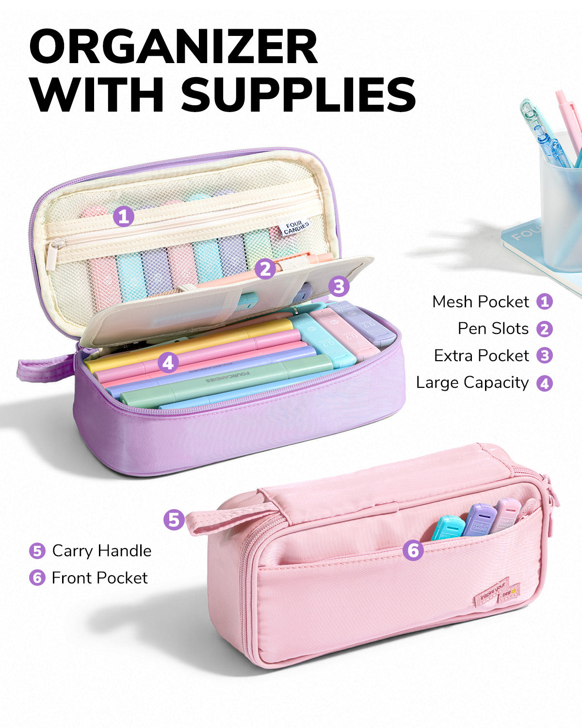 Four Candies Supplies Set with Cute Pencil Case, 56ct, Purple