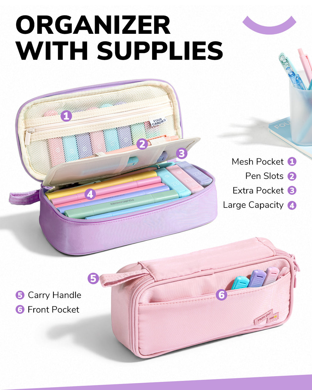 Four Candies 56PCS Stationery Set with 3 Spiral Notebooks,School Supplies College Supplies,Purple Pencil Case,10Gel Pens,Mechanical Pencils,6Highlighters,5Sticky Notes&10Tabs for Students,Grils,Nurse Visit the Four Candies Store