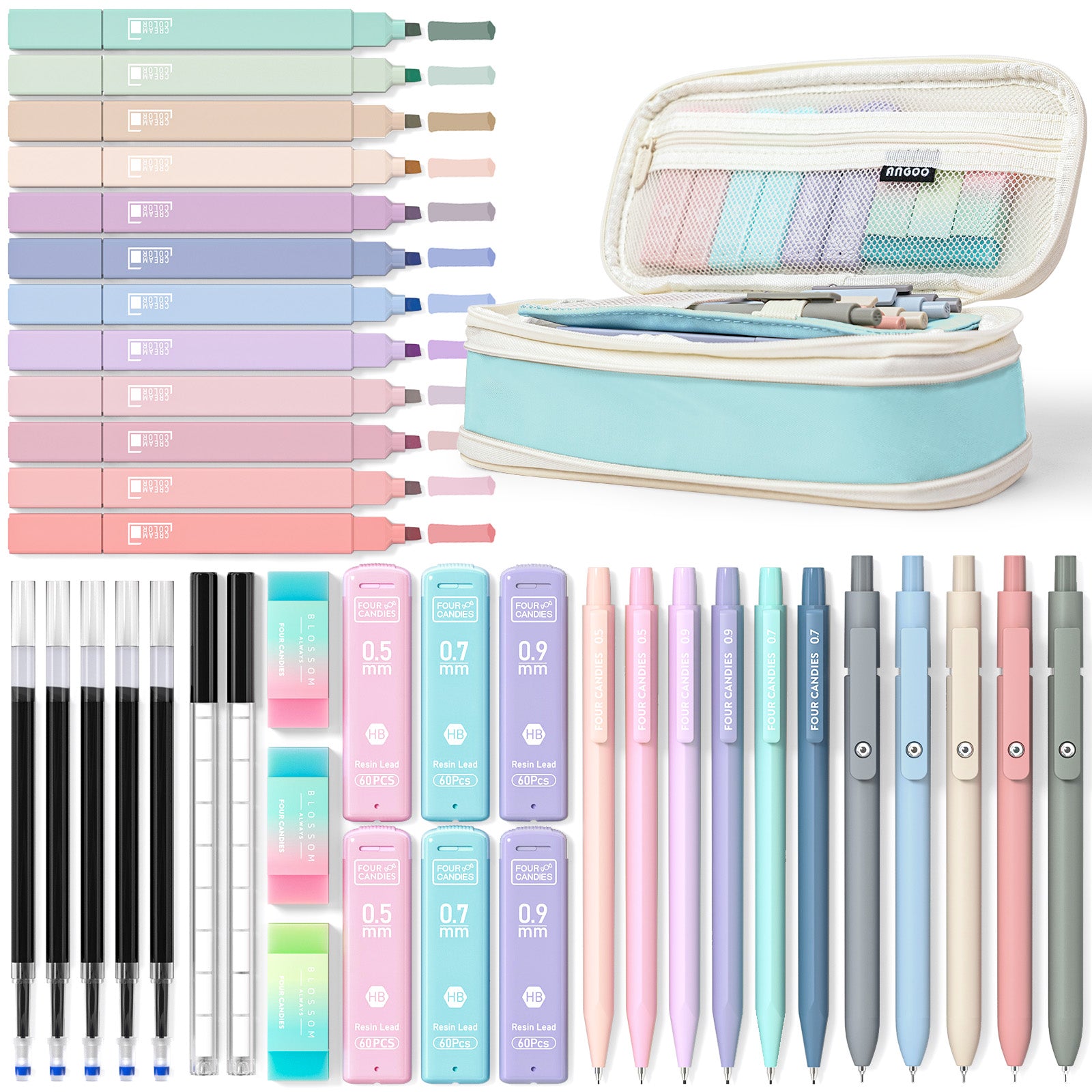 Four Candies 39 PCS Aesthetic Supplies, 12 Pastel Highlighters, 5 Black Ink Gel Pens, 6 Mechanical Pencils Set 0.5 & 0.7mm for Stationary College Essentials (Blue)