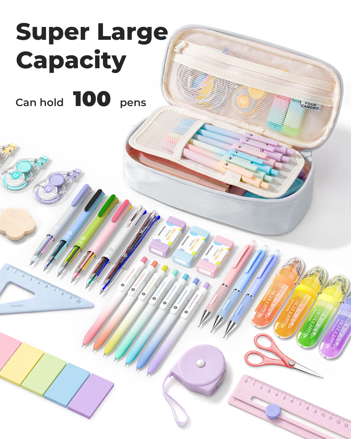 Four Candies Pencil Case, Large Capacity Pencil Pouch—Portable Marker Holder Bag for Home & Office, Soft Supply Organizer (Light Gray)
