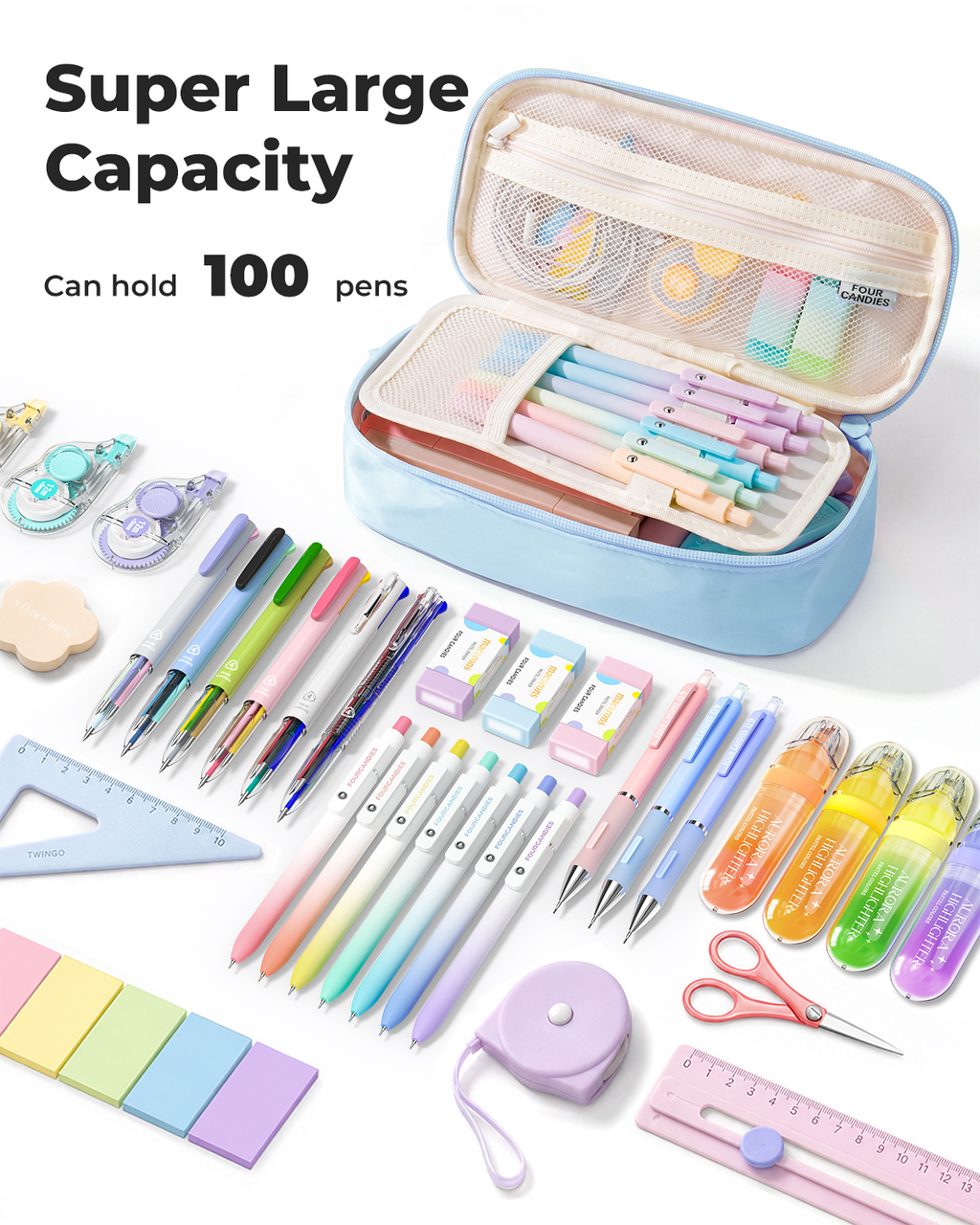 Four Candies Pencil Case,Large Capacity Pencil Pouch—Portable Marker Holder Bag for Home & Office, Soft Supply Organizer (Blue)