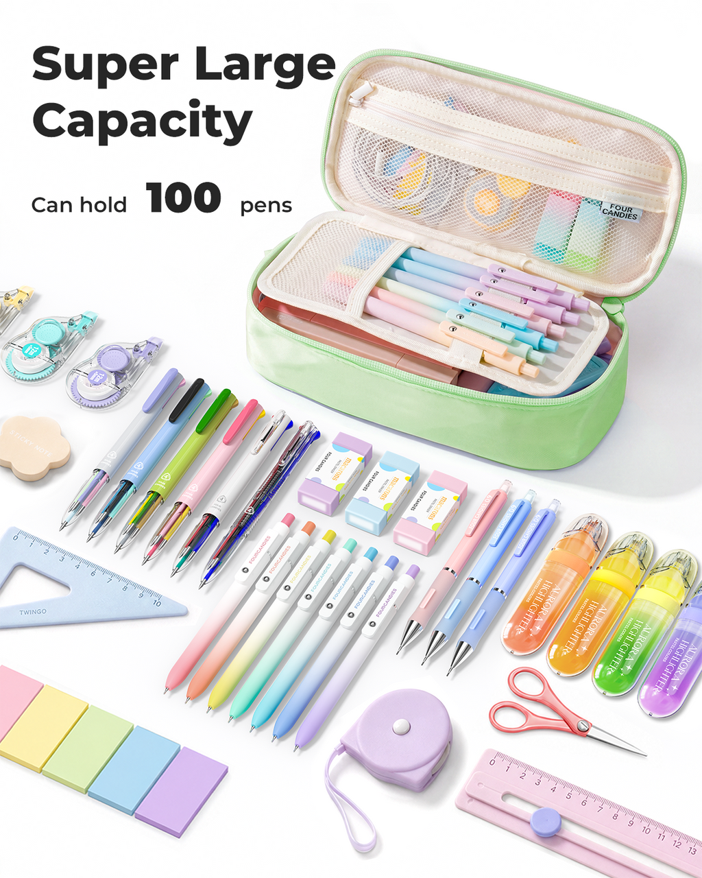 Four Candies Pencil Case, Large Capacity Pencil Pouch—Portable Marker Holder Bag for Home & Office, Soft Supply Organizer (Green)