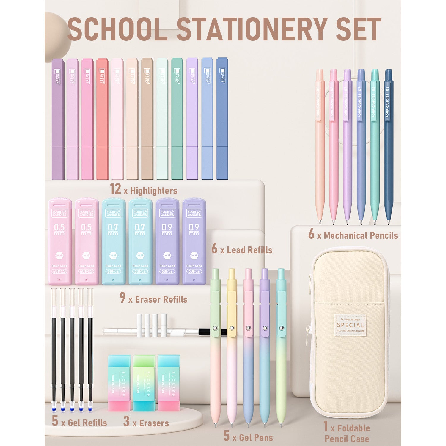 Four Candies 39 PCS Cute Supplies with Pen Case- 5 Black Ink Gel Pens, 12 Pastel Highlighters, 6 Aesthetic Mechanical Pencils Set for Stationary College Essentials (Cream)