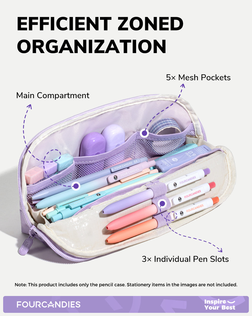 Four Candies Cute Pencil Case, Magnetic Design Large Pencil Pouch Purple
