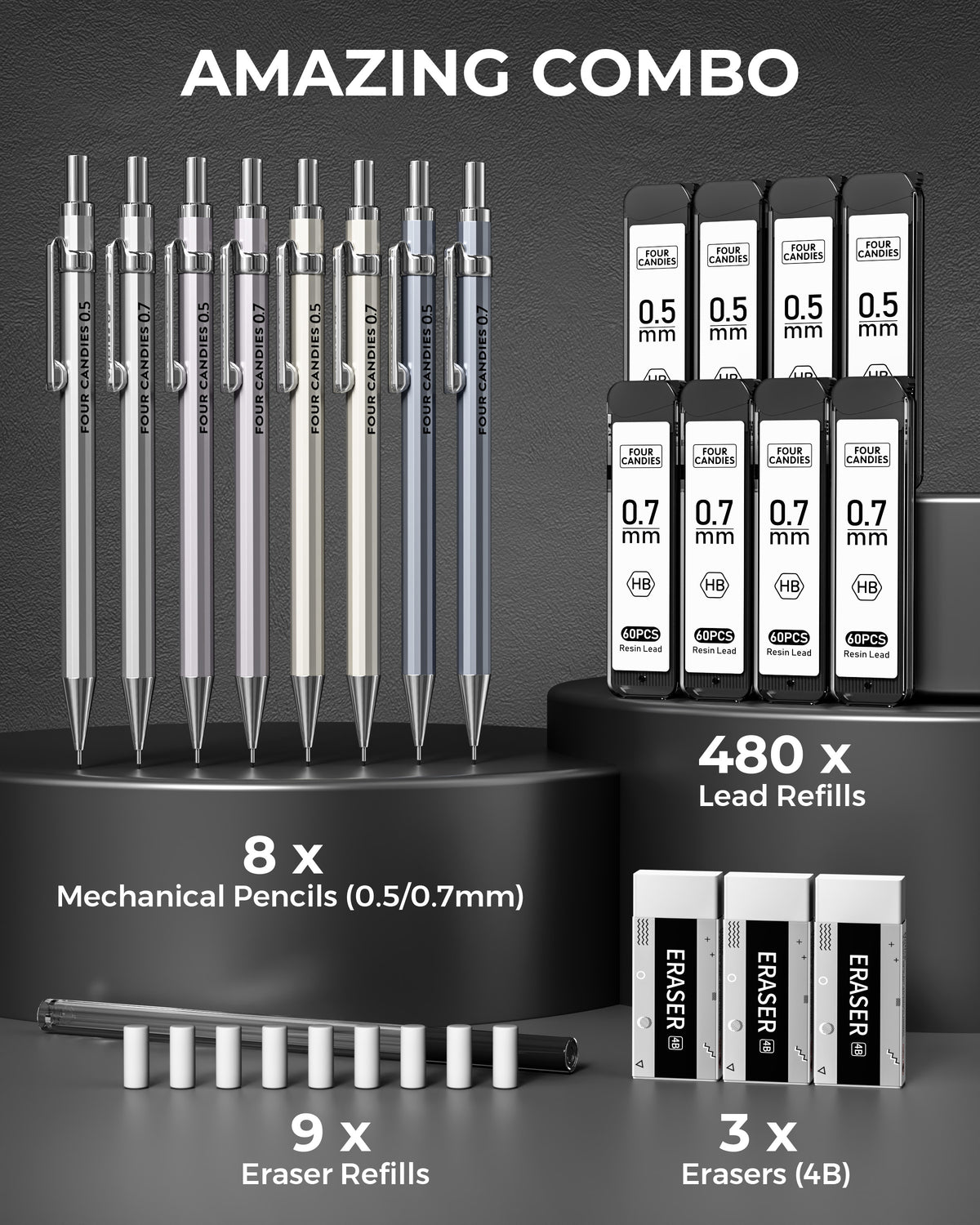 Four Candies 8PCS Metal Mechanical Pencils - 0.5 & 0.7mm