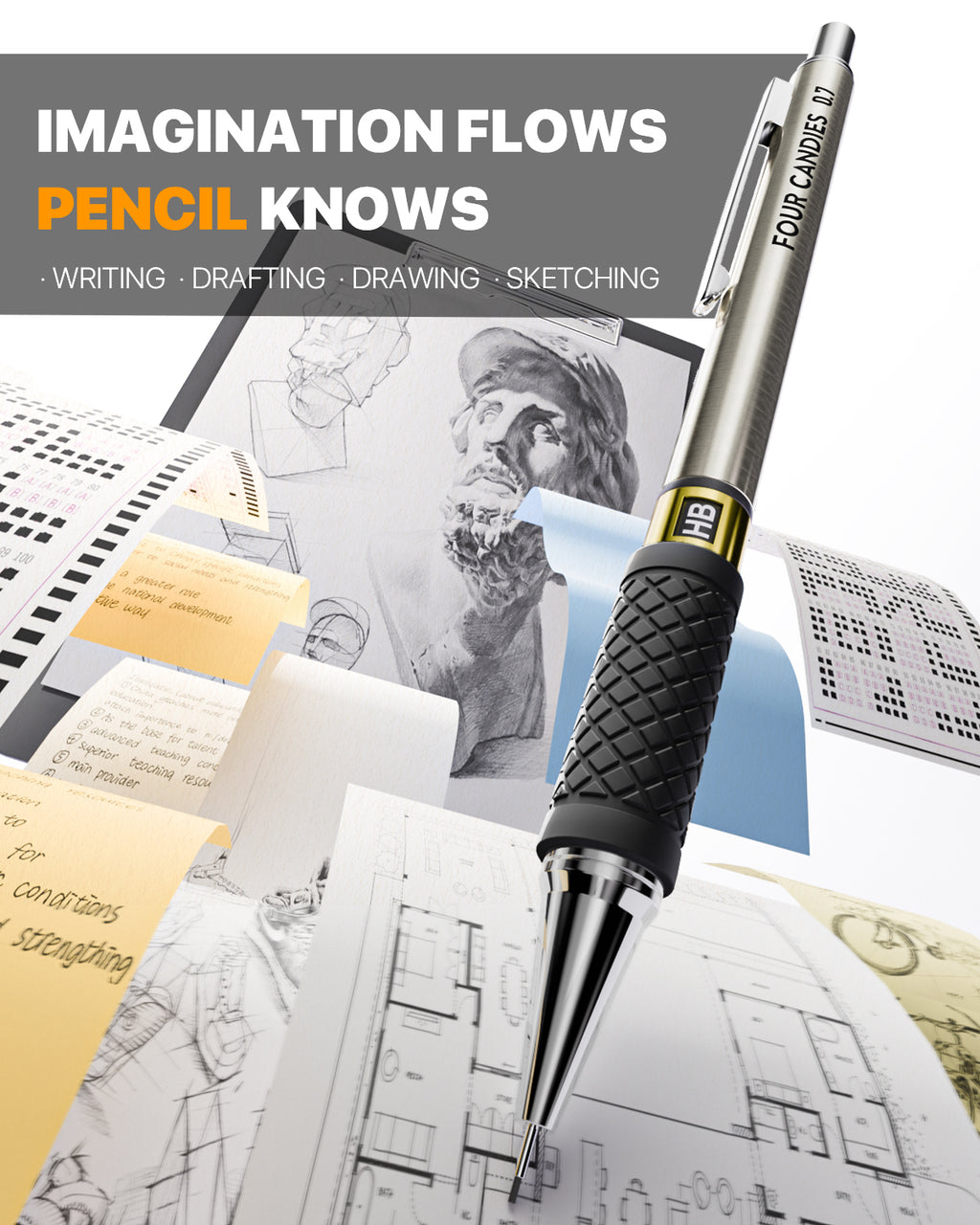 3PCS Metal Mechanical Pencil Set with Case, 0.5/0.7/0.9mm, Three Sizes