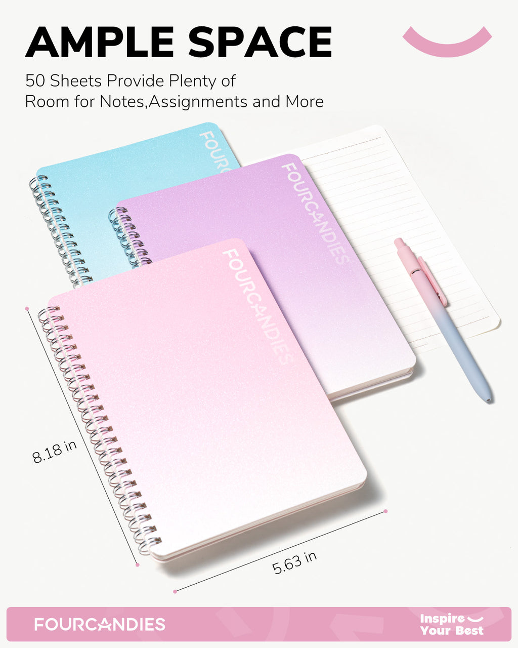 Four Candies Stationery Set Supplies with Cute Pencil Case,56ct Pink 10 Gel Pens,6Dual-Highlighters,3Spiral Notebooks, Mechanical Pencils Set,5 Sticky Notes &10Tabs Essential