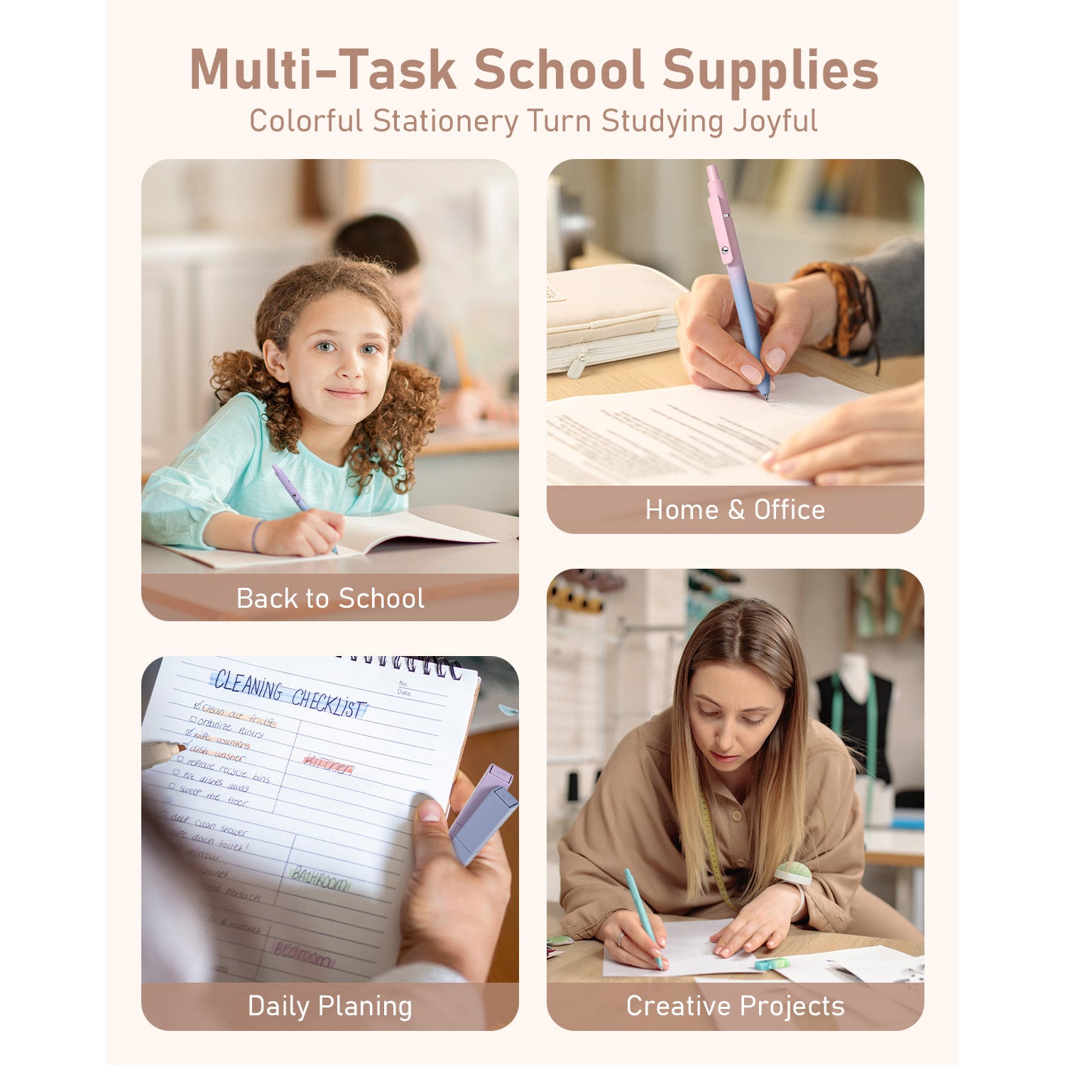 Four Candies 39 PCS Cute Supplies with Pen Case- 5 Black Ink Gel Pens, 12 Pastel Highlighters, 6 Aesthetic Mechanical Pencils Set for Stationary College Essentials (Cream)