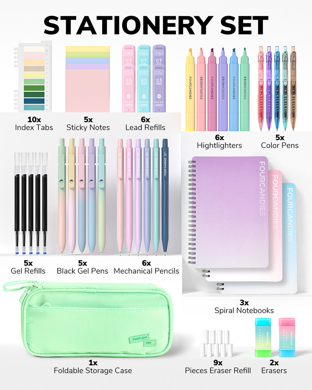 Four Candies Ballpoint Pen, Pencil, Pencil Case, and Notebook Set (Green)