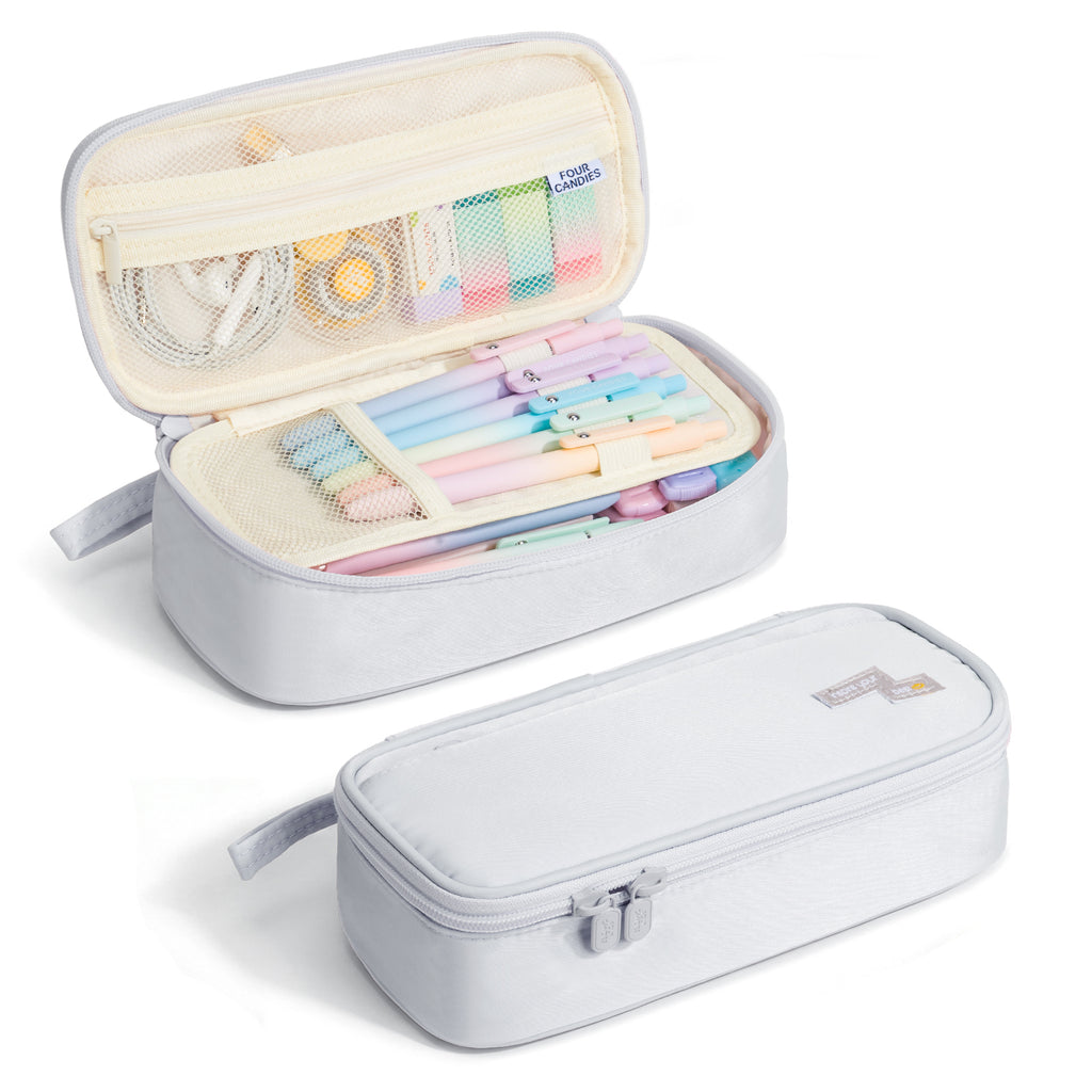 Four Candies Pencil Case, Large Capacity Pencil Pouch—Portable Marker Holder Bag for Home & Office, Soft Supply Organizer (Light Gray)
