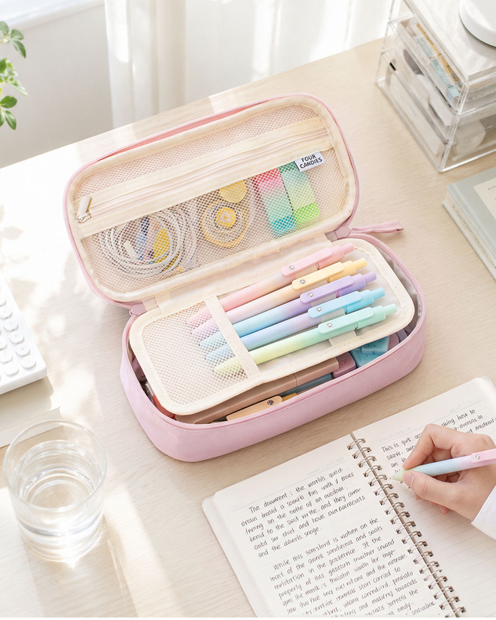 Four Candies Pencil Case, Large Capacity Pencil Pouch—Portable Marker Holder Bag for Home & Office, Soft Supply Organizer (Pink)