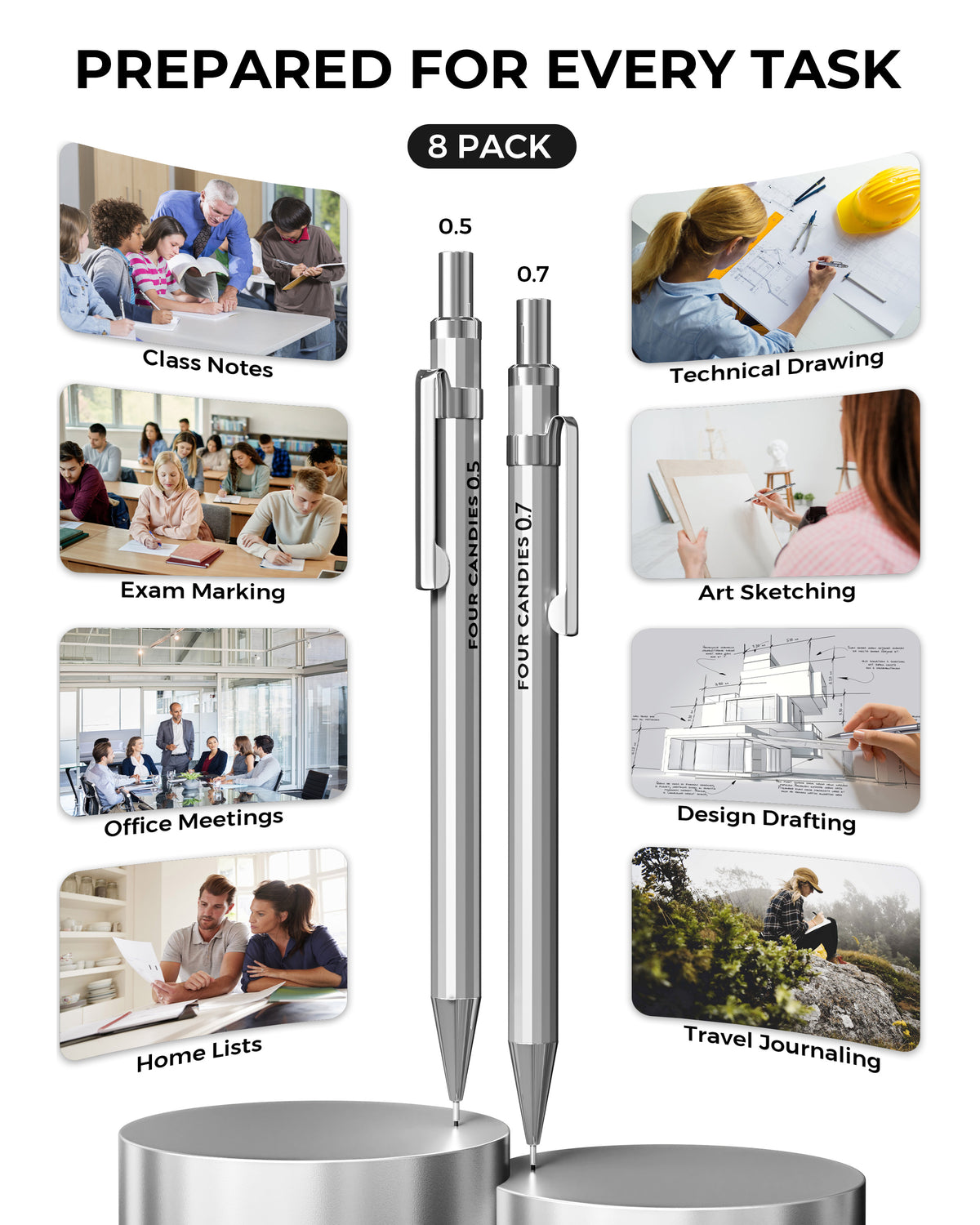 Four Candies 8PCS Metal Mechanical Pencils - 0.5 & 0.7mm
